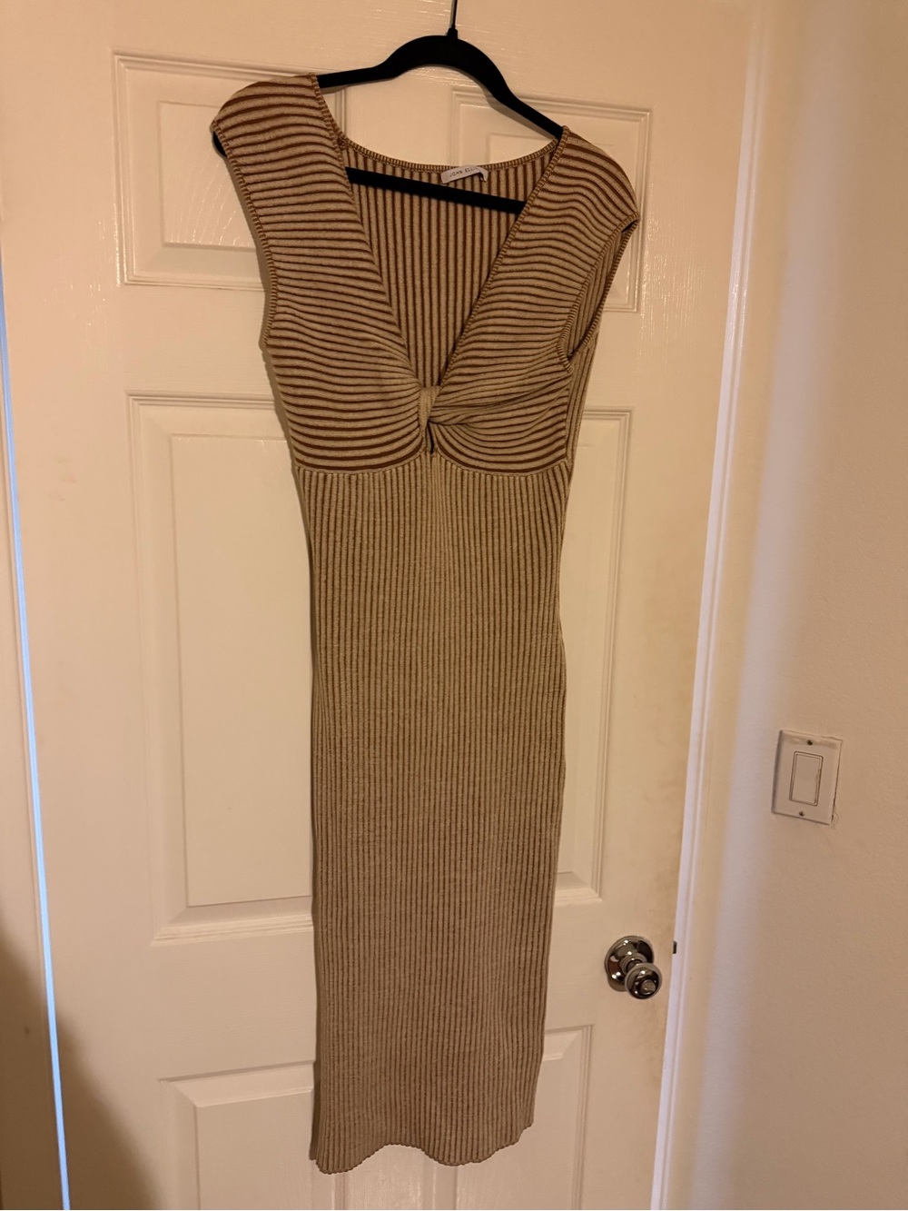 John Elliott Beige Ribbed Midi Dress with Front Twist